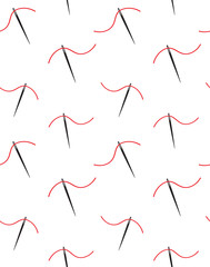 Vector seamless pattern of flat cartoon needle and thread isolated on white background