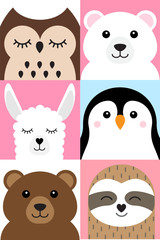 Vector set bundle of flat cartoon different animals and birds faces isolated on white background