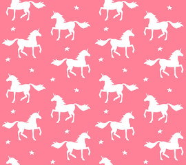 Vector seamless pattern of white doodle sketch unicorn silhouette isolated on pink background
