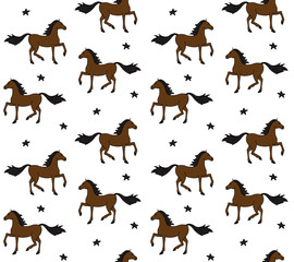 Vector seamless pattern of hand drawn doodle sketch bay brown horse isolated on white background