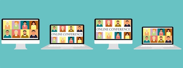 Obraz premium Online conference and training. People group on laptop screen taking part in online conference. call screen template. Illustration of webinar
