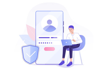 Online registration and sign up concept. Young man signing up or login to online account on huge smartphone. User interface. Secure login and password. Vector illustration for UI, mobile app, web 