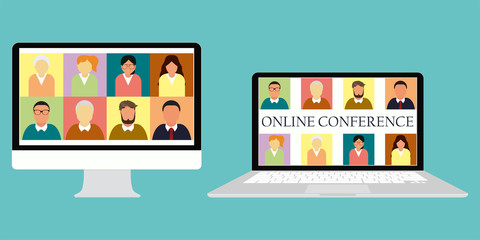 Online conference and training. People group on laptop screen taking part in online conference. call screen template. Illustration of webinar
