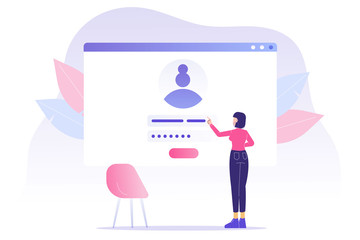 Online registration and sign up concept. Young woman signing up or login to online account with user interface. Secure login and password. Modern vector illustration template for UI, mobile app, web 