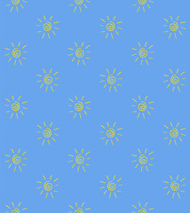 Vector seamless pattern of yellow hand drawn doodle sketch sun isolated on blue background