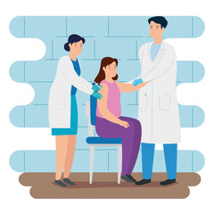 Fototapeta premium doctors vaccinating to young woman in consulting room vector illustration design