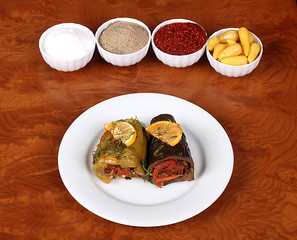 Eggplant and green bell peppers with delicious vegetables Ready to serve on a plate with special Turkish spices