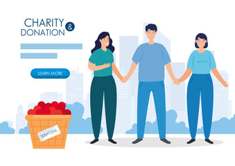 people with basket of charity donation vector illustration design