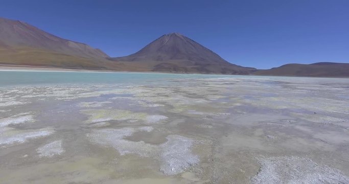 Laguna Verde (Green Lagoon) Chimical Coloured Waters Near Uyuni Salt Flat Aerial Travelling