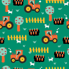 Cute farm pattern with tractors, carrots, fence, apple trees and cats. Repeating seamless vector background for kids. Farming pattern for wrapping paper, fabric, kids decor, childrens apparel