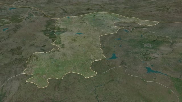Katsina, state with its capital, zoomed and extruded on the satellite map of Nigeria in the conformal Stereographic projection. Animation 3D