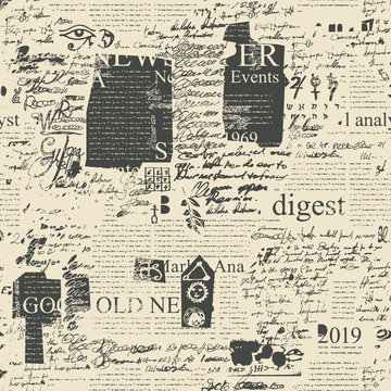 Vector abstract background, seamless pattern with illegible scribbles imitating handwritten text on the old newspaper page in retro style with ink spots. Suitable for wallpaper, wrapping paper, fabric
