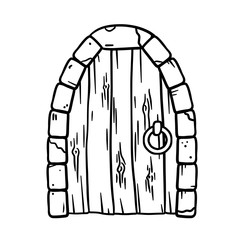 Door of fairy tale castle and tower. Stone entrance with wooden door. Old medieval Doorway. Element of the building and facade. Cartoon sketch illustration