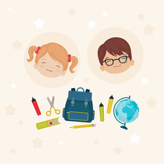 Happy kids portraits with school supplies.