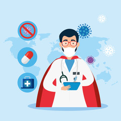 super doctor male with hero cloak and icons vector illustration design