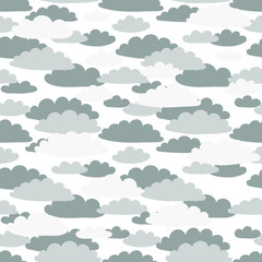 Grey clouds on white background: seamless pattern, sky background, wallpaper design. Vector graphics.