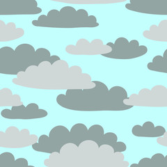 Grey clouds on light-blue background: seamless sky pattern, background, wallpaper design. Vector graphics.