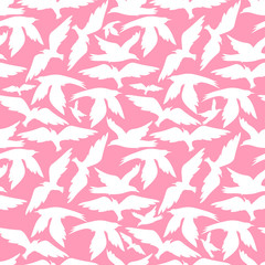 White birds on pink background: light seamless pattern, abstract wallpaper design, textile print. Vector graphics.
