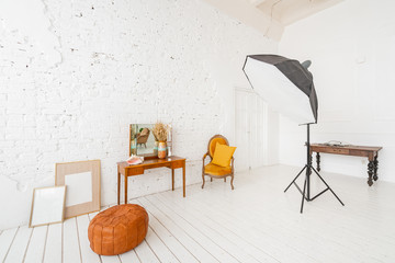 Interior photo Studio. Morning in light interior. Bright and clean interior design of a luxury living room with wooden floors, fireplace, sofa and chair . Stucco on walls