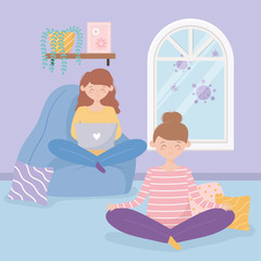 quarantine stay at home, girl working with laptop and woman practicing yoga cartoon