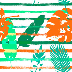 Sailor Stripes Vector Seamless Pattern, Design de tissu floral exotique vert orange vif.
