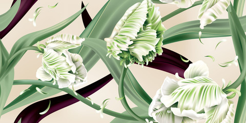 Naklejka na ściany i meble Classic floral pattern. Green tulips on a pink background. Vector illustration