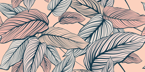 Modern floral pattern. Hand-drawn leaves on a pink background. Vector illustration