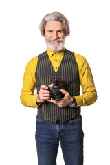 Handsome senior photographer on white background