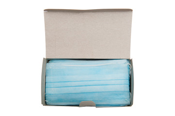 Top view of box with 50 pcs of surgical disposable face mask 3-Ply with earloop isolated on white background - used in COVID-19 global pandemic of coronavirus SARS-CoV-2