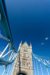 Fototapeta na wymiar A wide angle unique view of parts of the Tower Bridge in London.