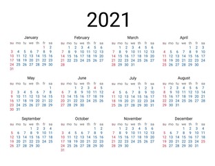 2021 year US calendar. Classical, minimalistic, simple design. White background. Vector Illustration. Week starts from Sunday.