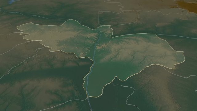 Kogi, state with its capital, zoomed and extruded on the relief map of Nigeria in the conformal Stereographic projection. Animation 3D