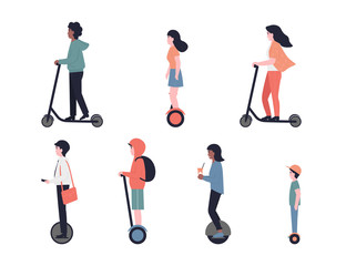 Set people on personal transport  hoverboard, gyroboard or self-balancing board, segway, electric unicycle, motorized kick scooter. Flat vector cartoon modern illustration.