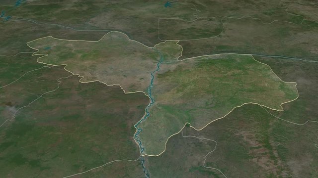 Kogi, state with its capital, zoomed and extruded on the satellite map of Nigeria in the conformal Stereographic projection. Animation 3D