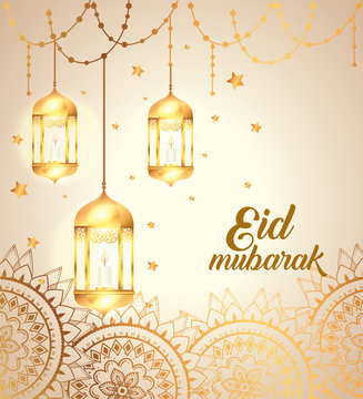 eid mubarak poster with lanterns hanging and mandalas vector illustration design