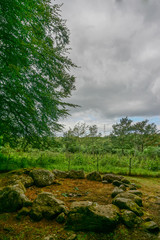 A small stone circle at Balnuaran of Clava, east of Inverness in the Highlands of Scotland. The site includes three circular Bronze-Age burial chambers.