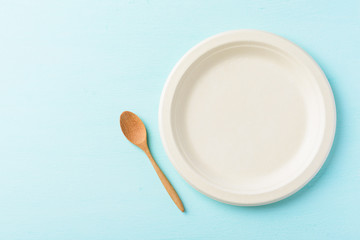 Biodegradable plate, Compostable plate or Eco friendly disposable plate and wooden spoon on pastel color background