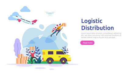 global logistic distribution service illustration concept. delivery worldwide import export shipping banner with people character for web landing page, presentation, social, poster or print media