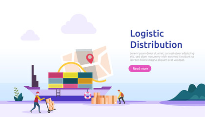 global logistic distribution service illustration concept. delivery worldwide import export shipping banner with people character for web landing page, presentation, social, poster or print media