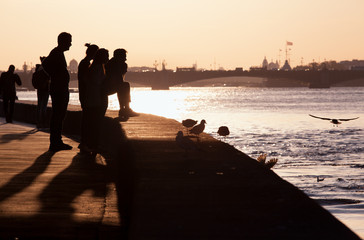 People gazing at the seagulls / Sunset on Neva river, St Petersburg Pt.I