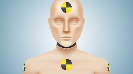 Crash test dummy vector illustration. Car safety testing manikin, looking at camera, standing on a gray background. © Topuria Design