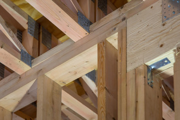 Fototapeta na wymiar Frame house construction. Wooden house building. Close-up