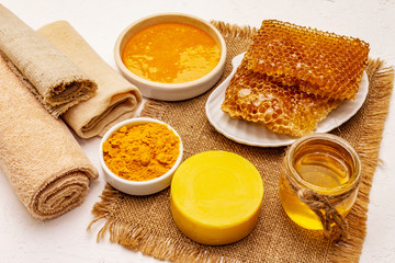 Spa concept. Self care with honey and turmeric. Natural organic cosmetics, homemade product, alternative lifestyle