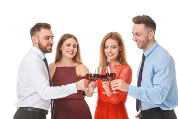 Happy people with glasses of wine on white background