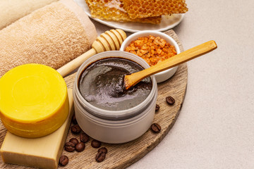 Spa concept. Self care with honey, coffee and turmeric. Natural organic cosmetics, homemade product, alternative lifestyle
