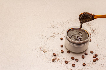 Spa concept. Self care with coffee body scrub. Natural organic cosmetics, homemade product, alternative lifestyle