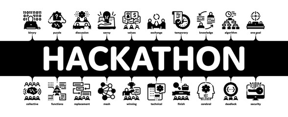 Hackathon Development Minimal Infographic Web Banner Vector. Hackathon Business, Developer Coding And Brainstorm, Meeting And Idea Illustrations