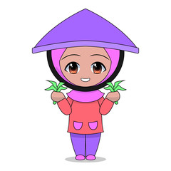 Cartoons of Muslim women farming. Daily fun activities. Vector illustration of cute character