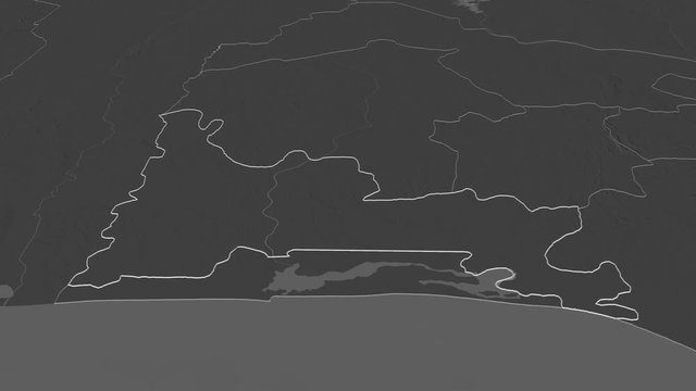 Ogun, state with its capital, zoomed and extruded on the bilevel map of Nigeria in the conformal Stereographic projection. Animation 3D