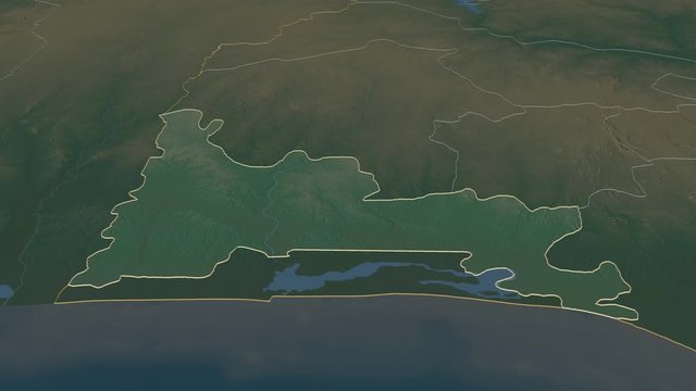 Ogun, state with its capital, zoomed and extruded on the relief map of Nigeria in the conformal Stereographic projection. Animation 3D